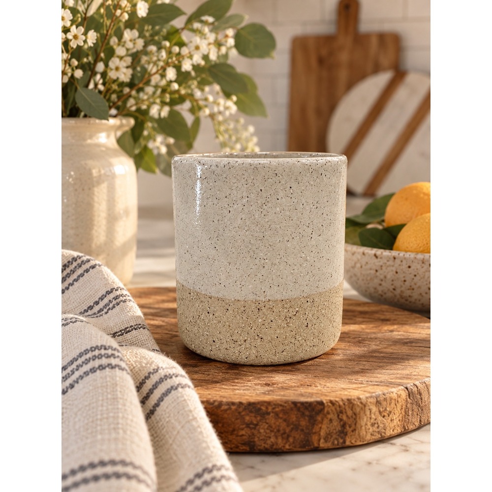 Two-Tone Speckled Ceramic Stoneware Crock Small Utensil Holder Cream and Tan